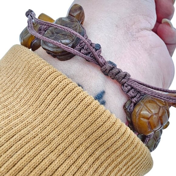 Vintage Hand Carved Stone Turtle Adjustable Rope Bracelet, Brown, One Size - Picture 4 of 12